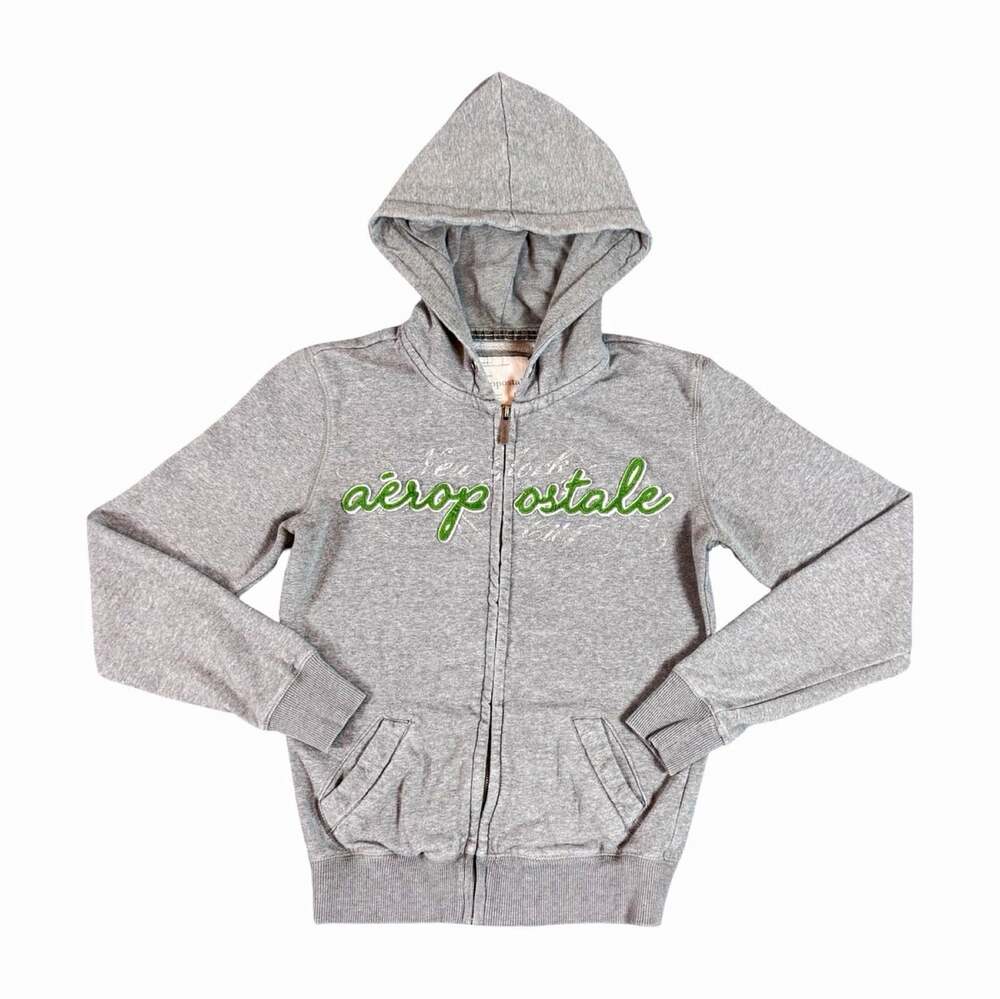 Y2K Aéropostale Gray Green Logo Zip Up Fleece Hoodie Pockets Women’s Size M